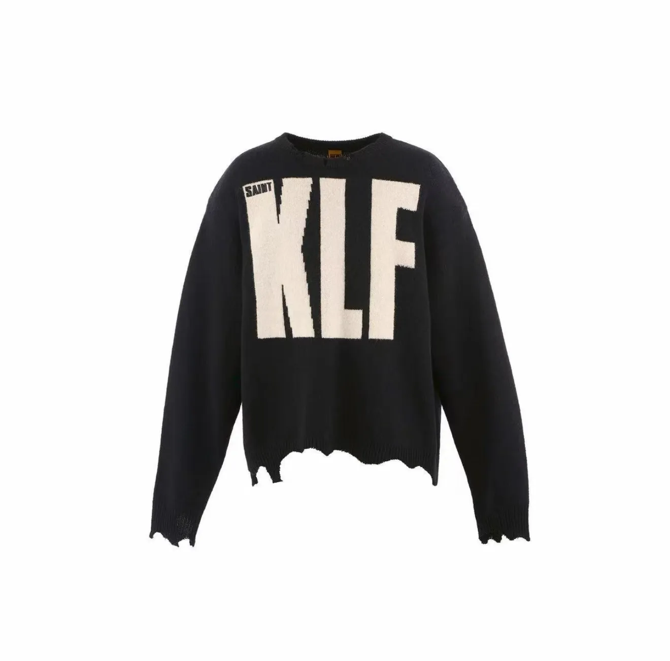 ❥4040#P240 New Saint Michael ✖️ KLF destroyed sweater made of black sheepskin material, KLF saint embroidery on the front, super visual impact! Distressed design, full of street feel, same style for men and women, a must-have for autumn and winter wear. Dark style + unique artistic sense, fashionable people and celebrities are picking it up, it looks cool if you wear it casually! Craftsmanship: The whole piece is cut and aged by hand, very slow! Weight: 900g Color: Black Size: S M L XL